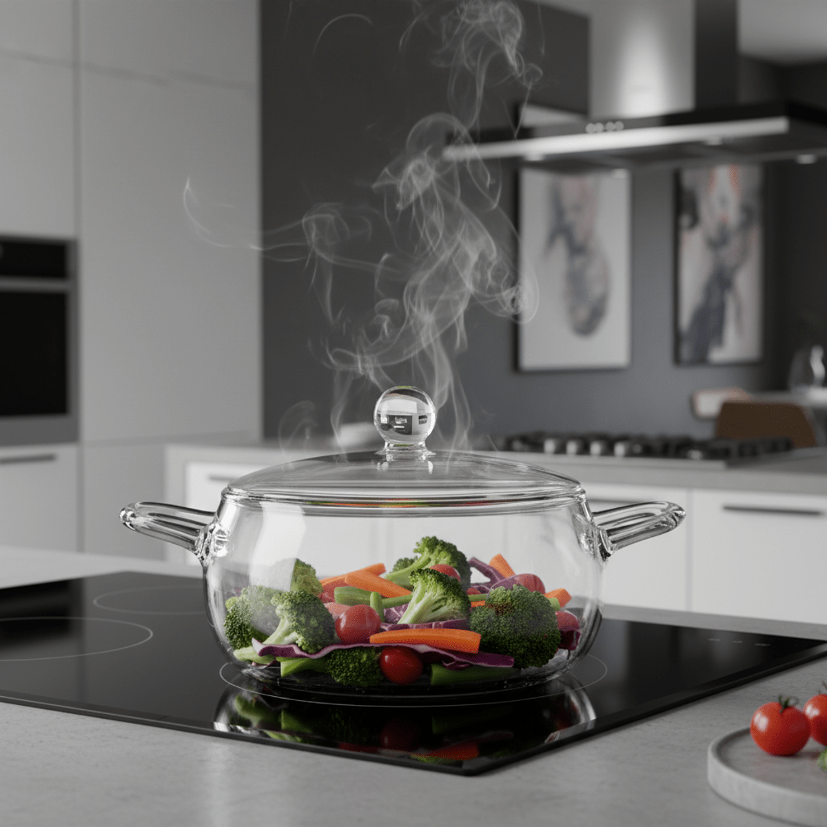 Transparent glass cooking pot with integrated handles on a matte black induction cooktop.