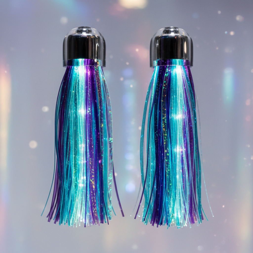 Avant-garde fiber optic tassel earrings glowing with shifting violet, turquoise, and teal hues.