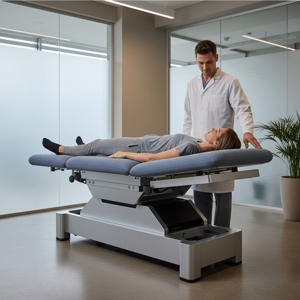Modern physical therapy table with quiet electric adjustments. Next-gen physical therapy table with quiet electric actuators in a modern treatment room.