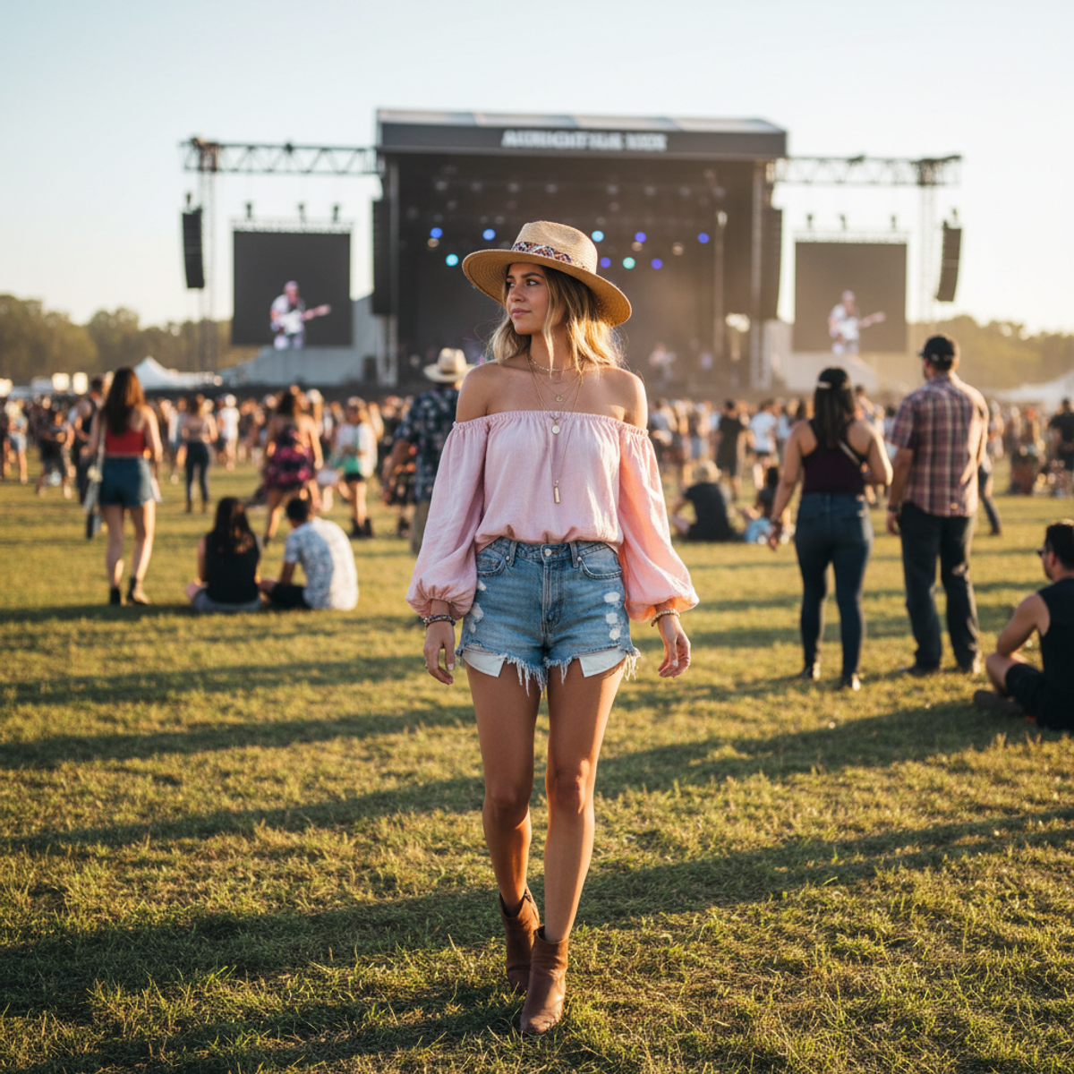 Bohemian festival fashion in warm golden hour light Woman in bohemian festival attire enjoys golden hour sunlight at an outdoor music event.