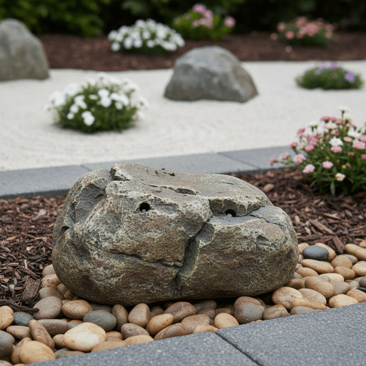 Realistic polyresin rock with hidden sensors camouflaged in a zen garden.