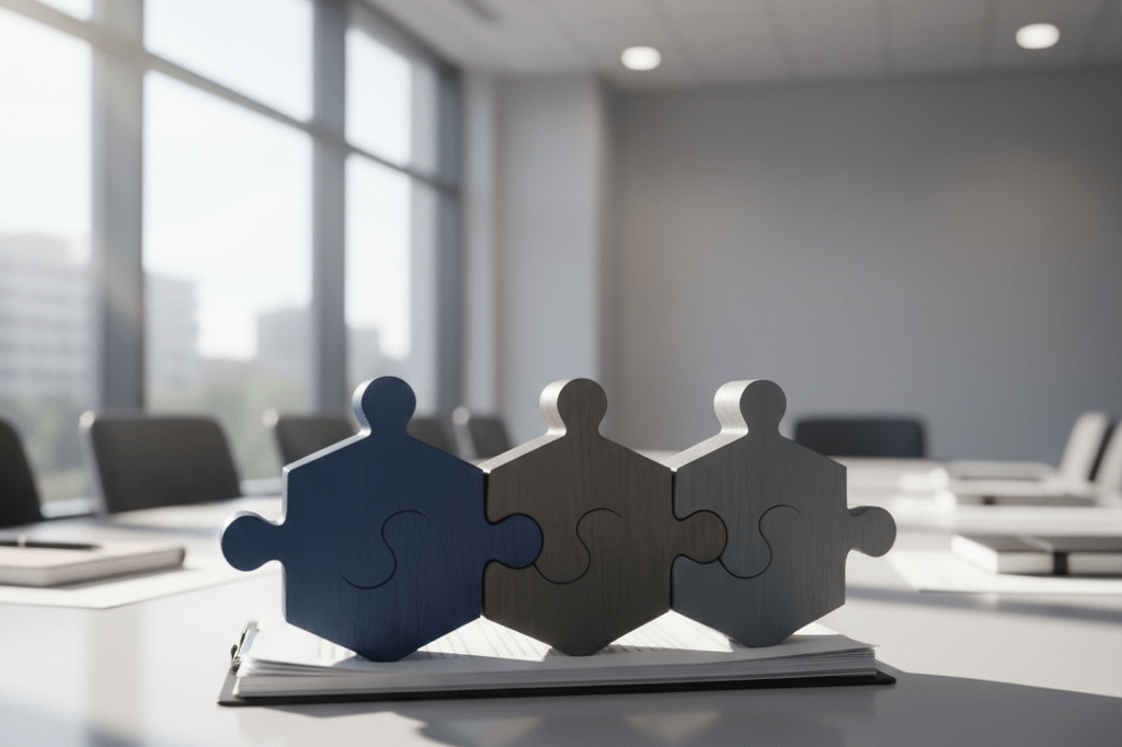 Medium shot of interlocking wooden puzzle pieces in three colors on a conference table, representing structured B2B relationship tiers under natural and office lighting