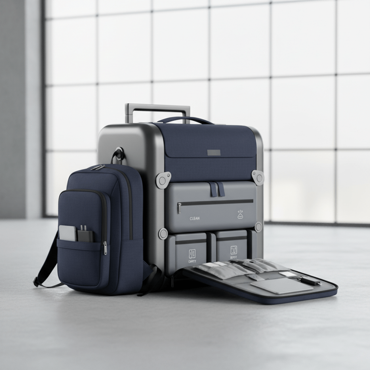 Futuristic modular trolley bag system with tech organizer. Sleek modular trolley bag system with gunmetal frame and navy fabric panels.