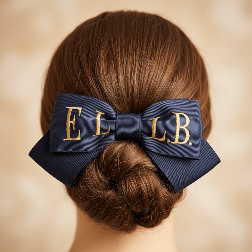 Elegant hair chignon with monogrammed grosgrain ribbon bow and gold embroidered initials.