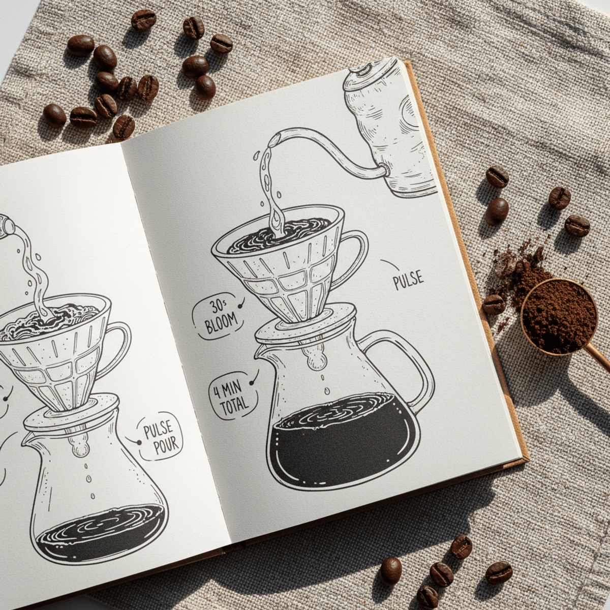 Coloring book open to pour-over coffee brewing diagram on linen cloth.