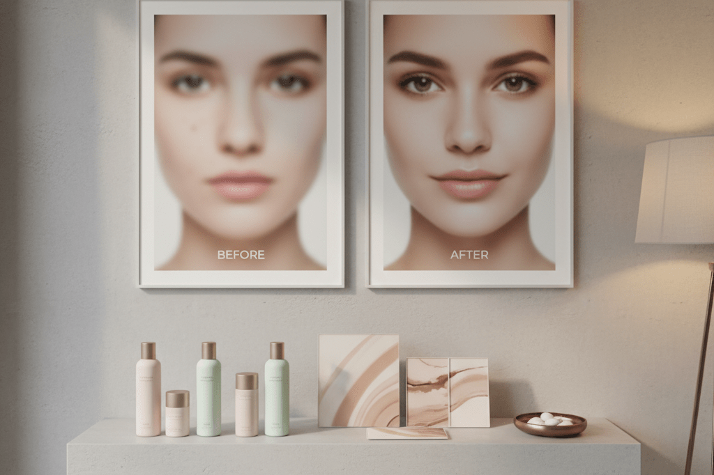 Sleek retail shelf featuring beauty products and generic before-after posters under warm ambient lighting