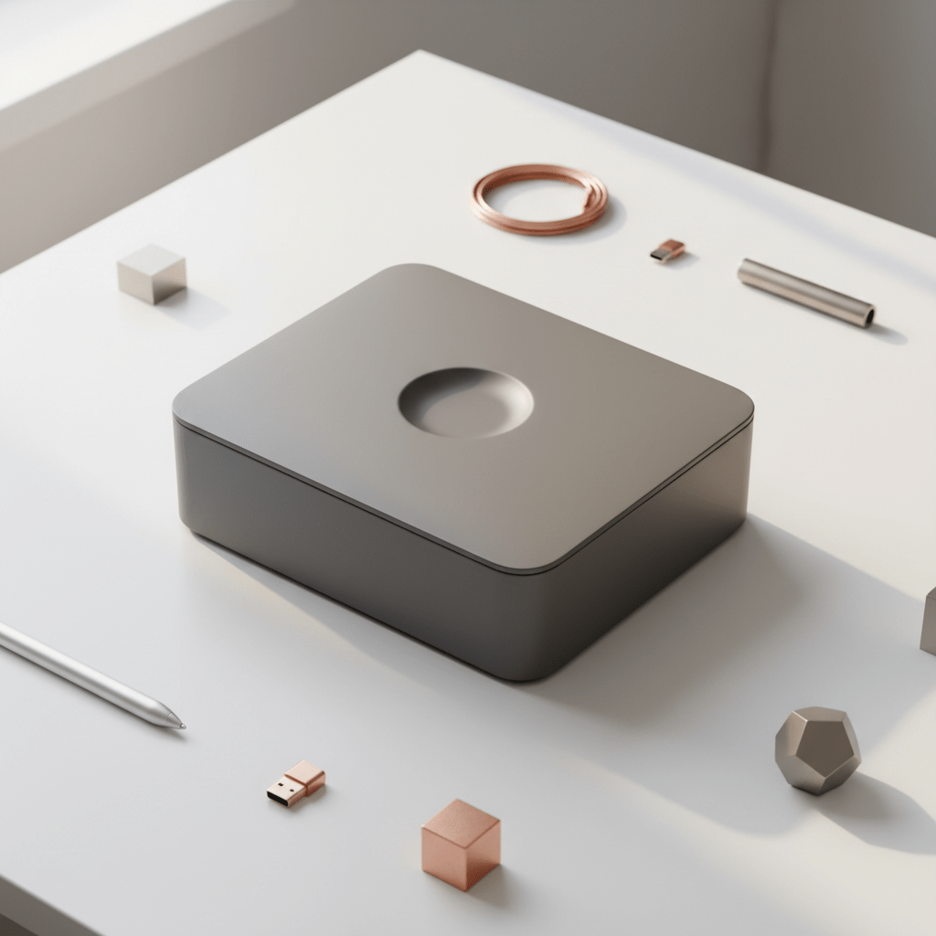 Premium tech gadget packaging with a donut finger hold on a minimalist desk.