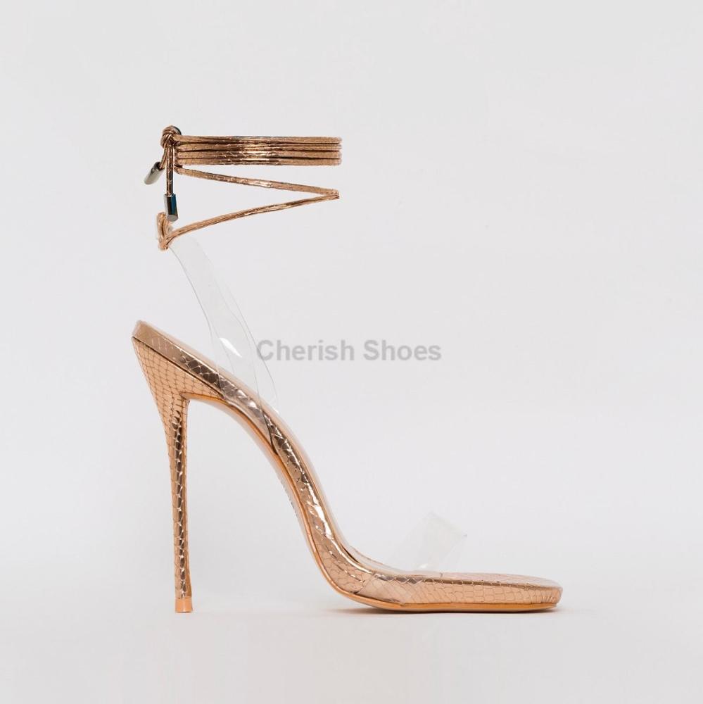 Новинка, женские летние сандалии из ПВХ со змеиным принтом, на шнуровке, на шпильке, с квадратным носком, сандалии с прозрачными ремешками спереди, Женская Классическая обувь