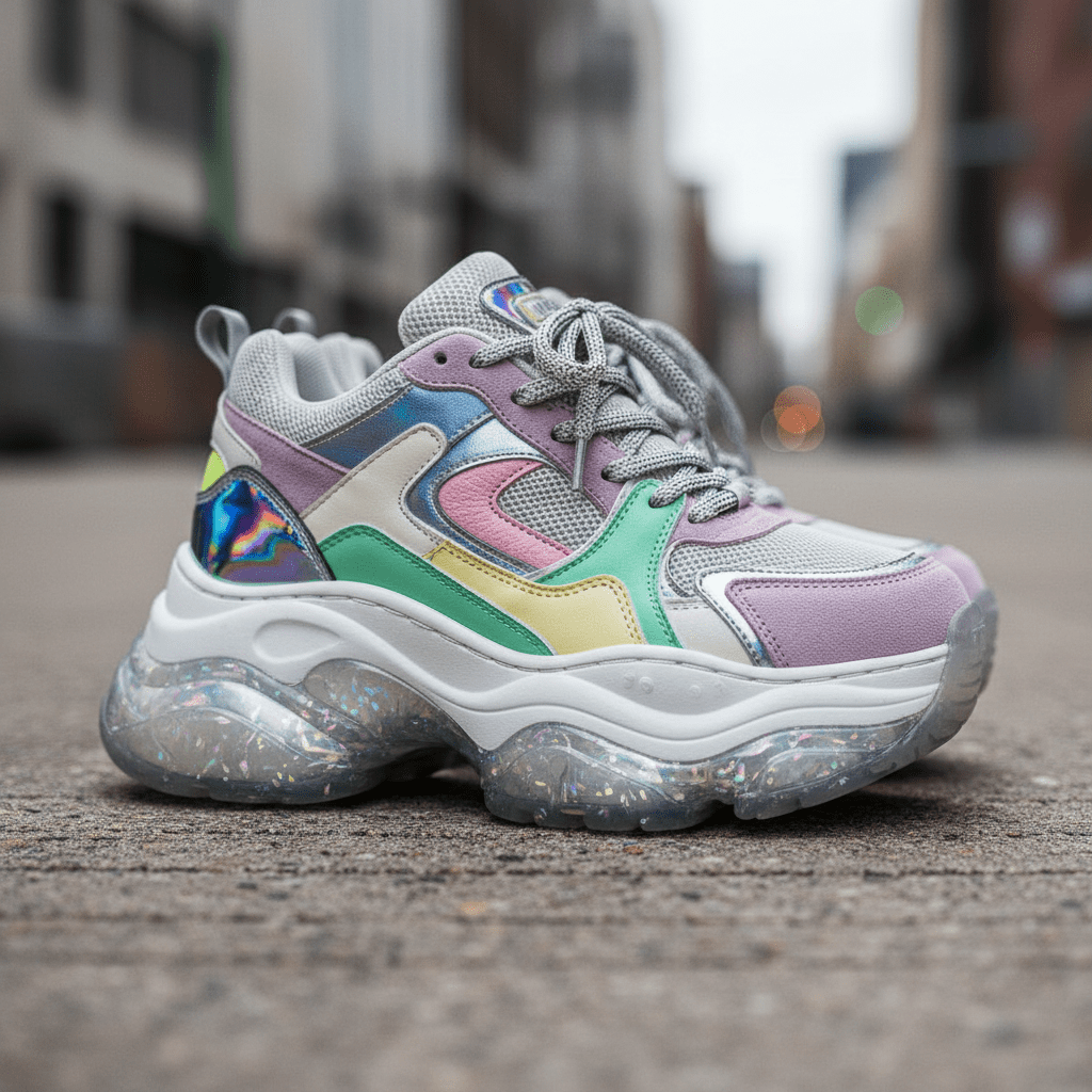 Chunky 2026 rave-inspired platform sneakers with holographic accents and bold color-blocking.