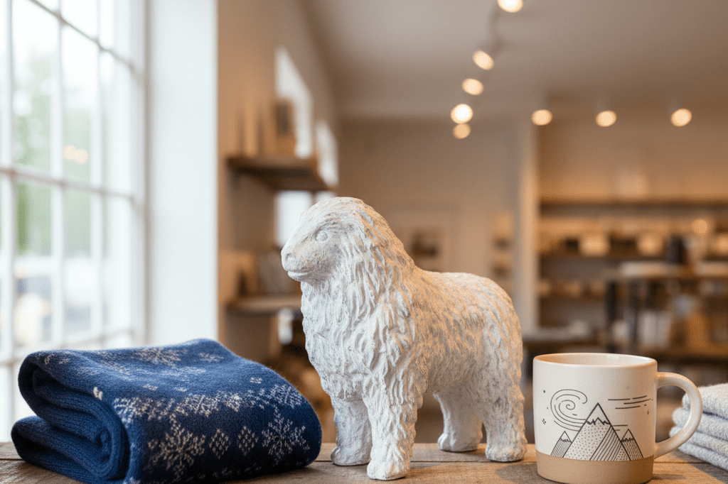 Medium shot of snow-themed retail items including an abstract furry creature figurine, embroidered scarf, and blizzard-motif mug on a wooden shelf