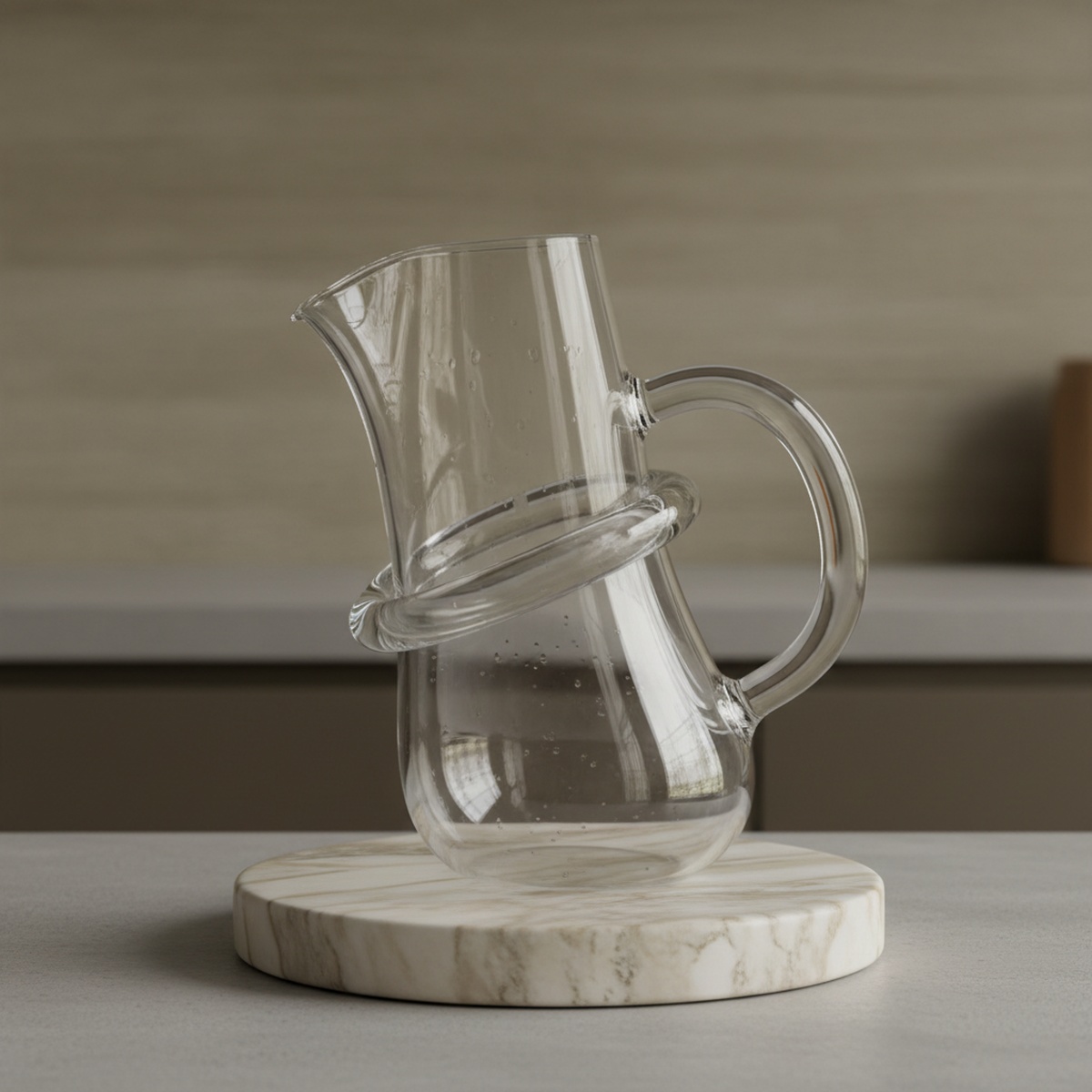 Asymmetric sculptural glass kettle with marble base displayed as art on a modern kitchen counter.