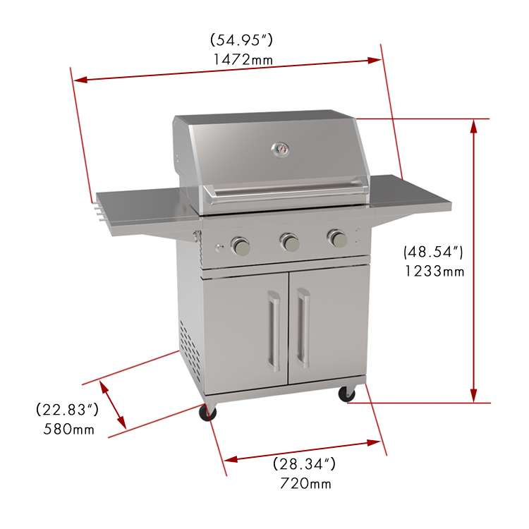 28inch Free Standing 3 Burner Grill With Cart