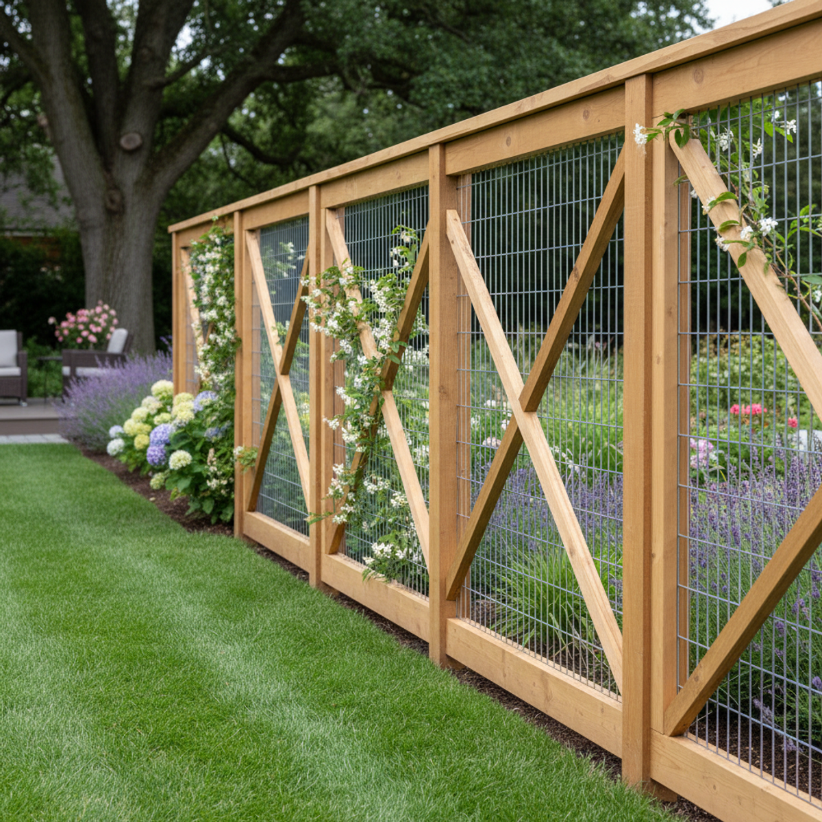 DIY cedar fence with hog wire mesh in geometric patterns, surrounded by a lush garden.