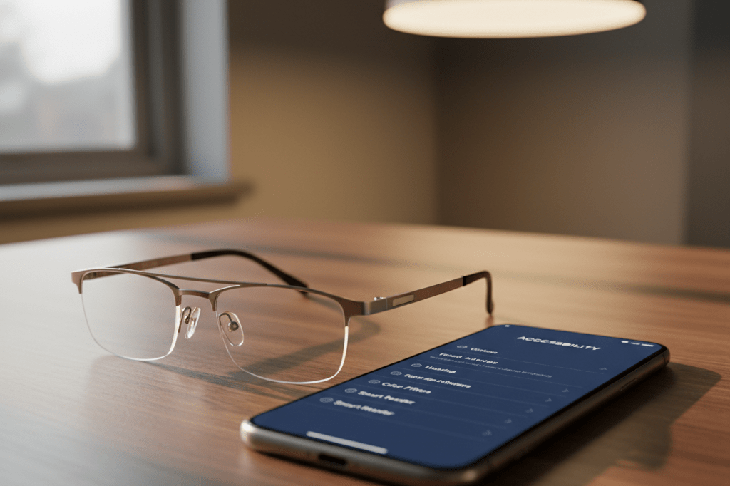 Close-up of modern eyeglasses and a smartphone showcasing accessibility features under natural lighting