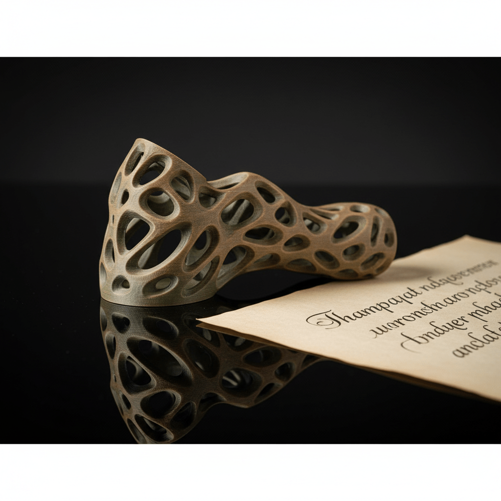 Sculptural 3D-printed pen holder with geometric cuts and organic curves.