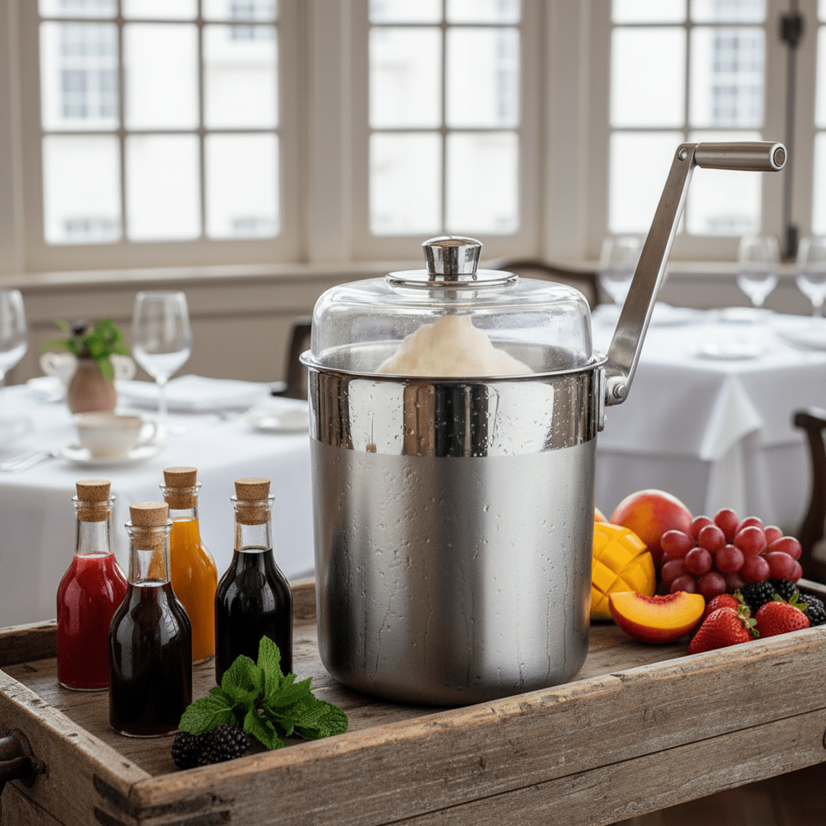 Modern hand crank ice cream maker churning creamy base with fresh fruits.