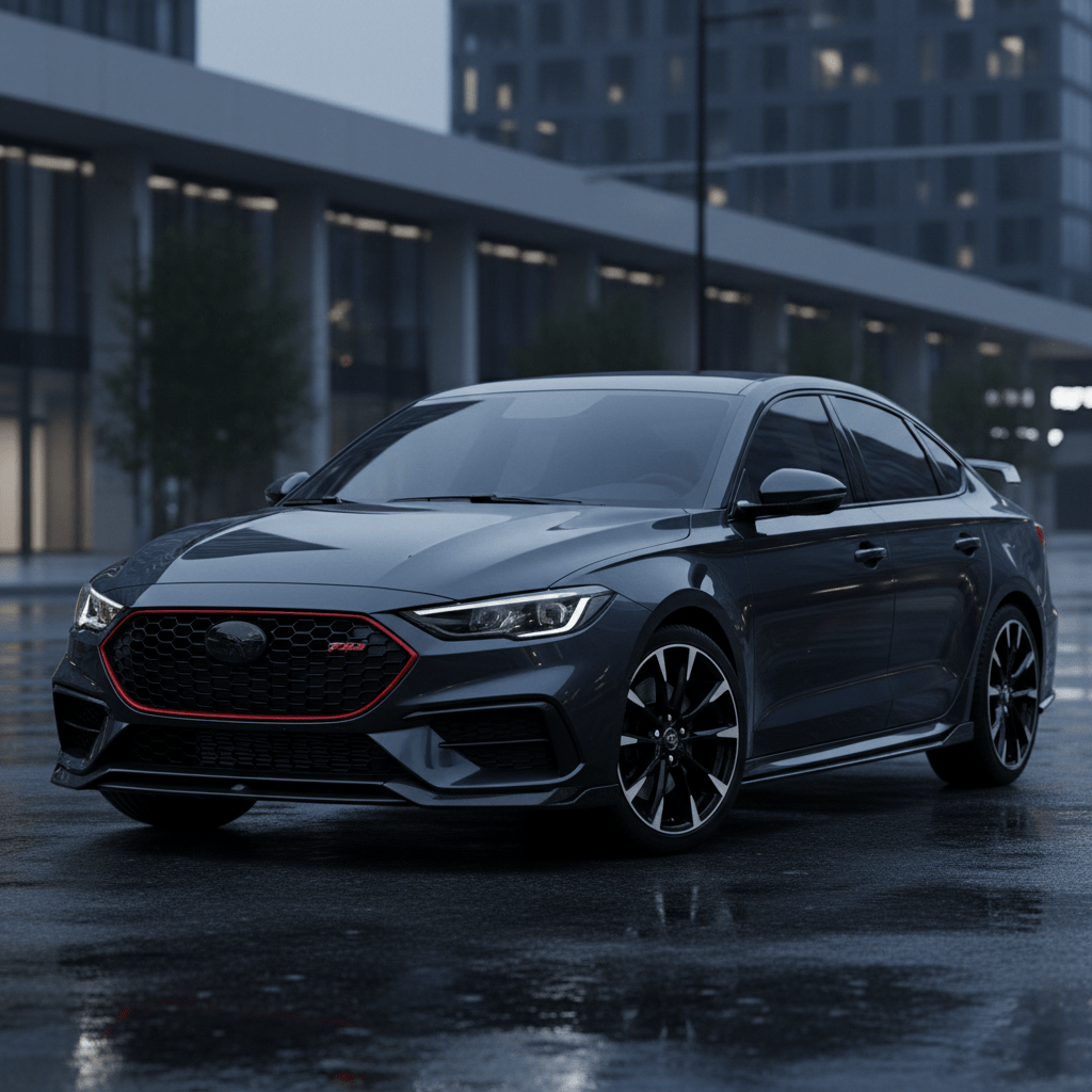 Sleek 2026 sport sedan with honeycomb grille on wet urban pavement.