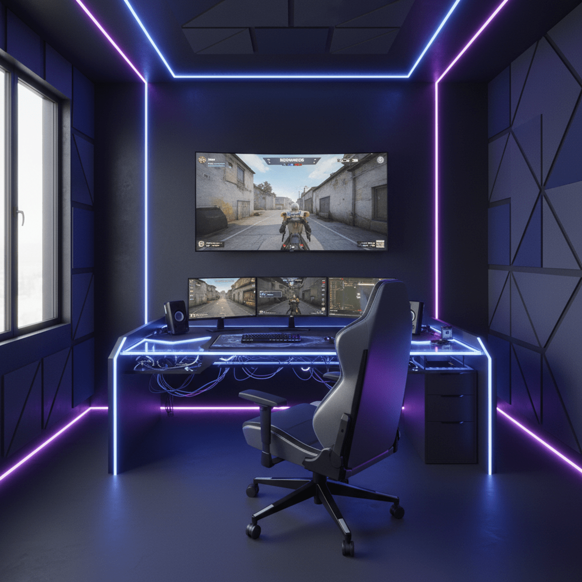 Immersive esports training room with large TV, RGB lights, and angular gaming chair.
