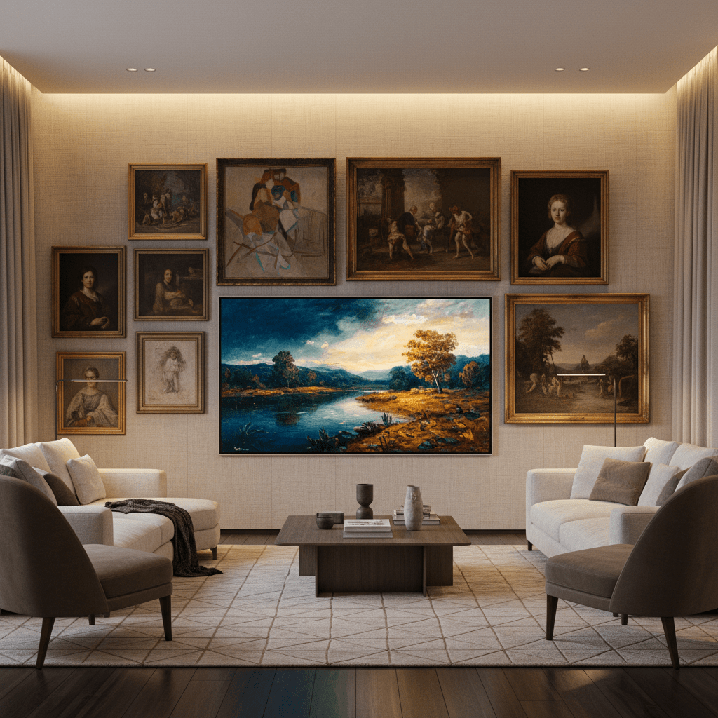 Contemporary living room with wall-mounted screen displaying digital art alongside framed paintings.
