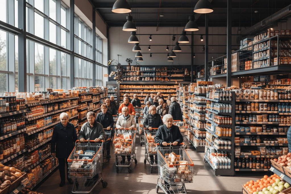 Wide-angle view of shoppers at a grocery store with full carts amidst well-stocked shelves lit by natural and ambient light