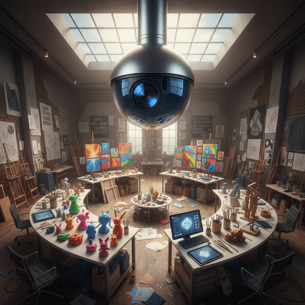 Overhead view of a security camera in a vibrant artist studio with clay models and sculptures.