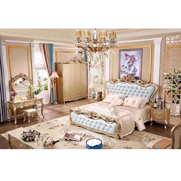 Роскошная резная французская королевская кожаная кровать BX3059 # в европейском стиле золотого цвета