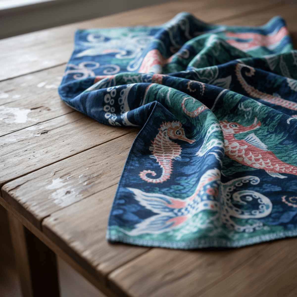 Bohemian scarf with octopus, seahorse, and koi prints draped on a weathered wooden table.