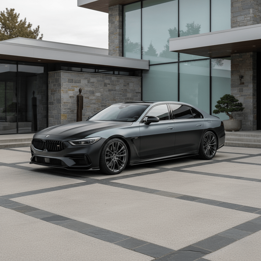 Luxury sedan with satin black and chalk grey two-tone wrap on modern driveway.