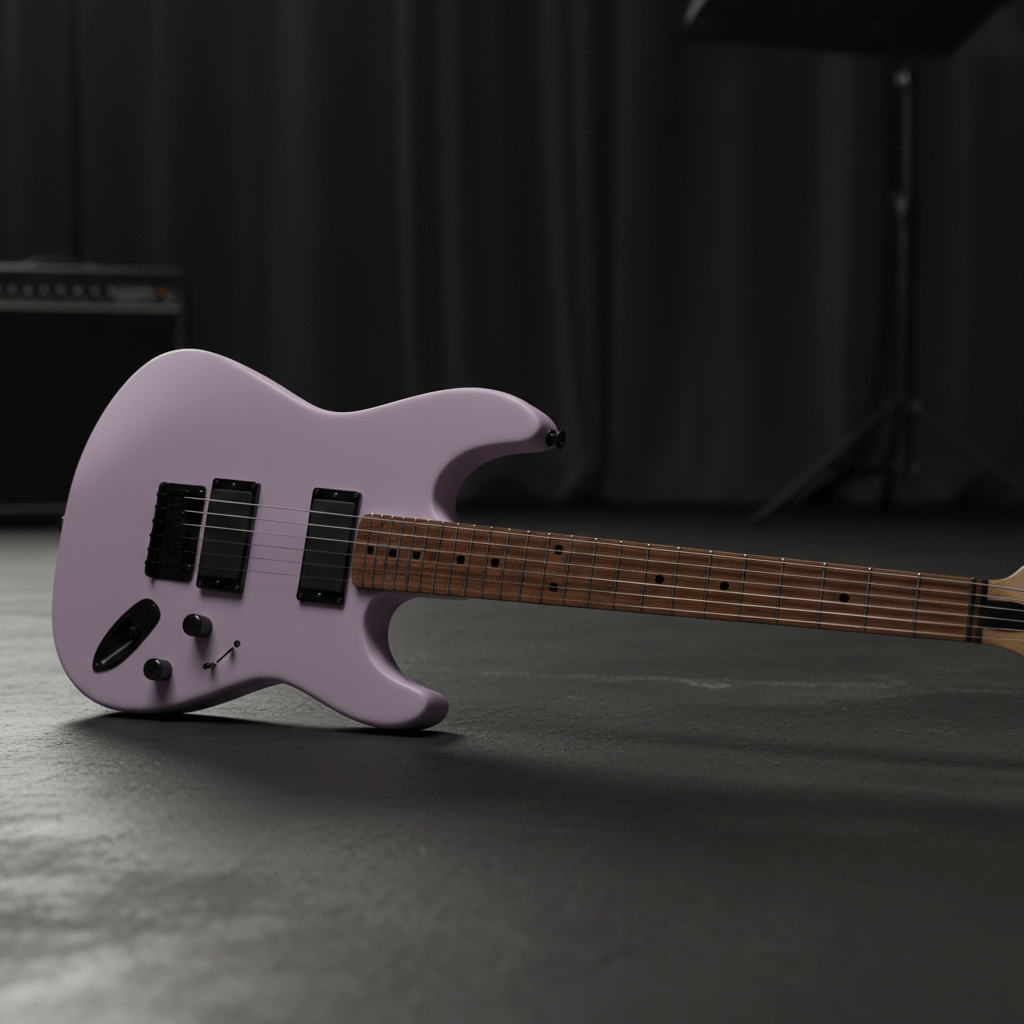 Matte lavender guitar with maple neck and rosewood fretboard on a dark stage.