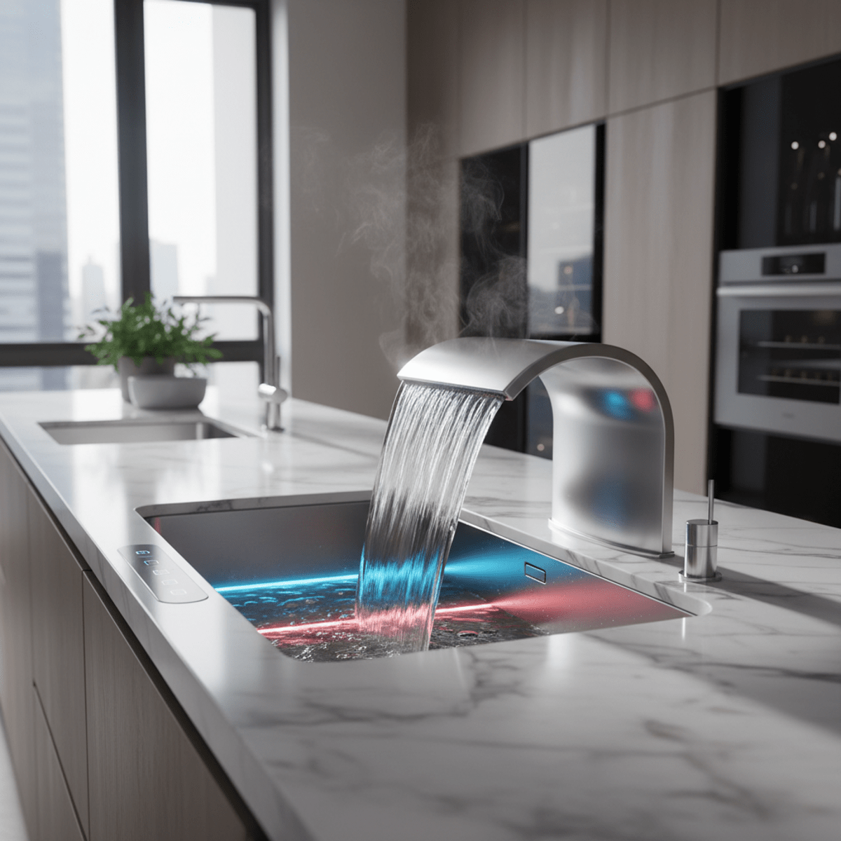 Futuristic kitchen sink with voice activation, stainless steel basin, and blue LED glow.