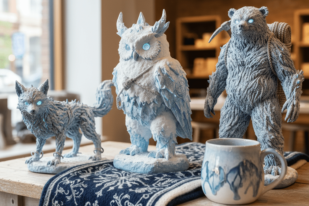 Medium shot of original snow-inspired collectibles, scarf, and mug arranged on a retail display table with natural and warm lighting