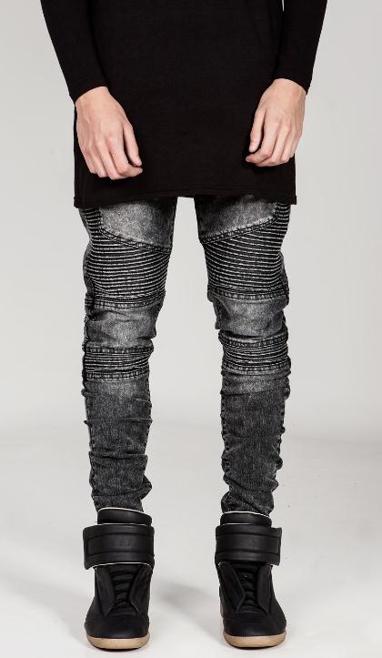 时尚潮流帅气骑行者牛仔裤修身青年男士小脚裤简约风格男牛仔裤裤子