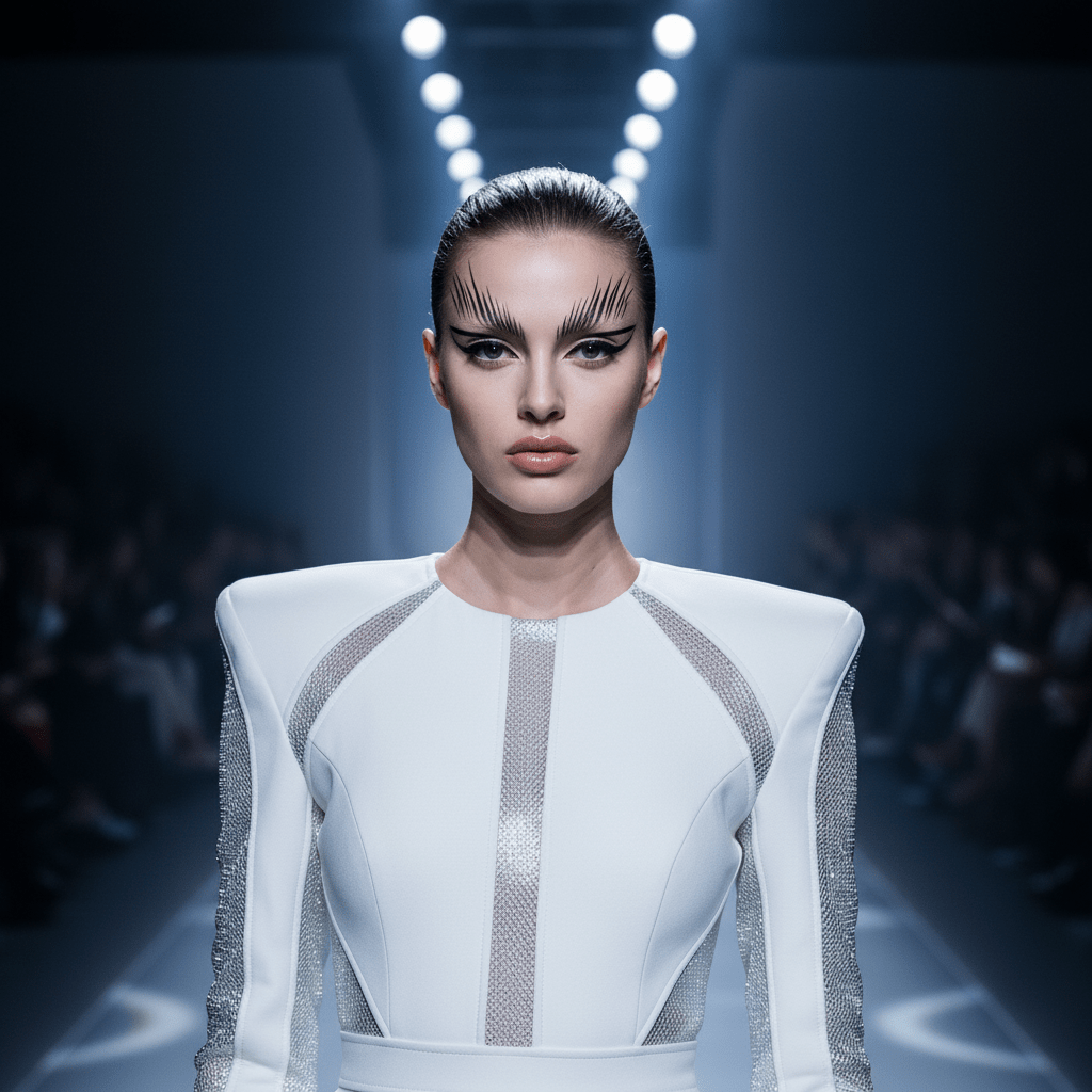 Futuristic model on a dimly lit runway with dramatic spiked eyebrows and structural shoulders.