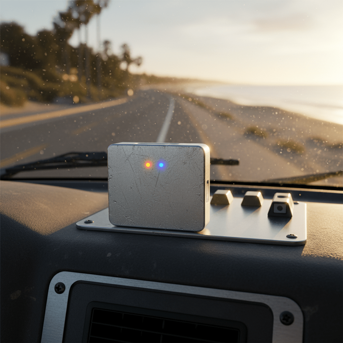 Rugged aluminum WiFi dongle on campervan dashboard with glowing LEDs.