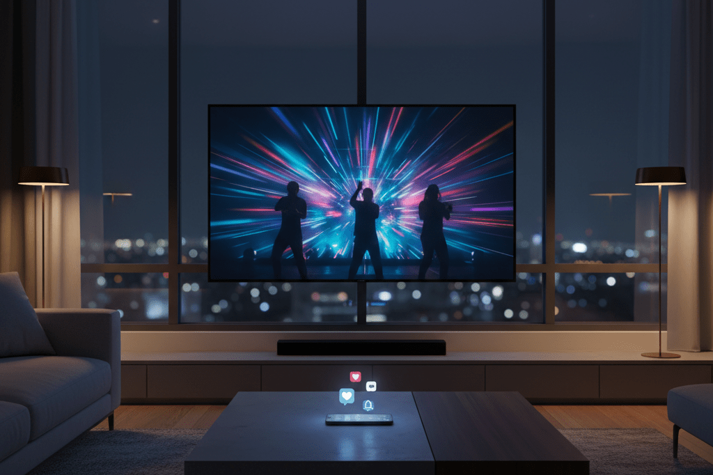 Medium shot of TV showing blurred concert lights and smartphone with social notifications in softly lit living room, symbolizing mass viewership and engagement