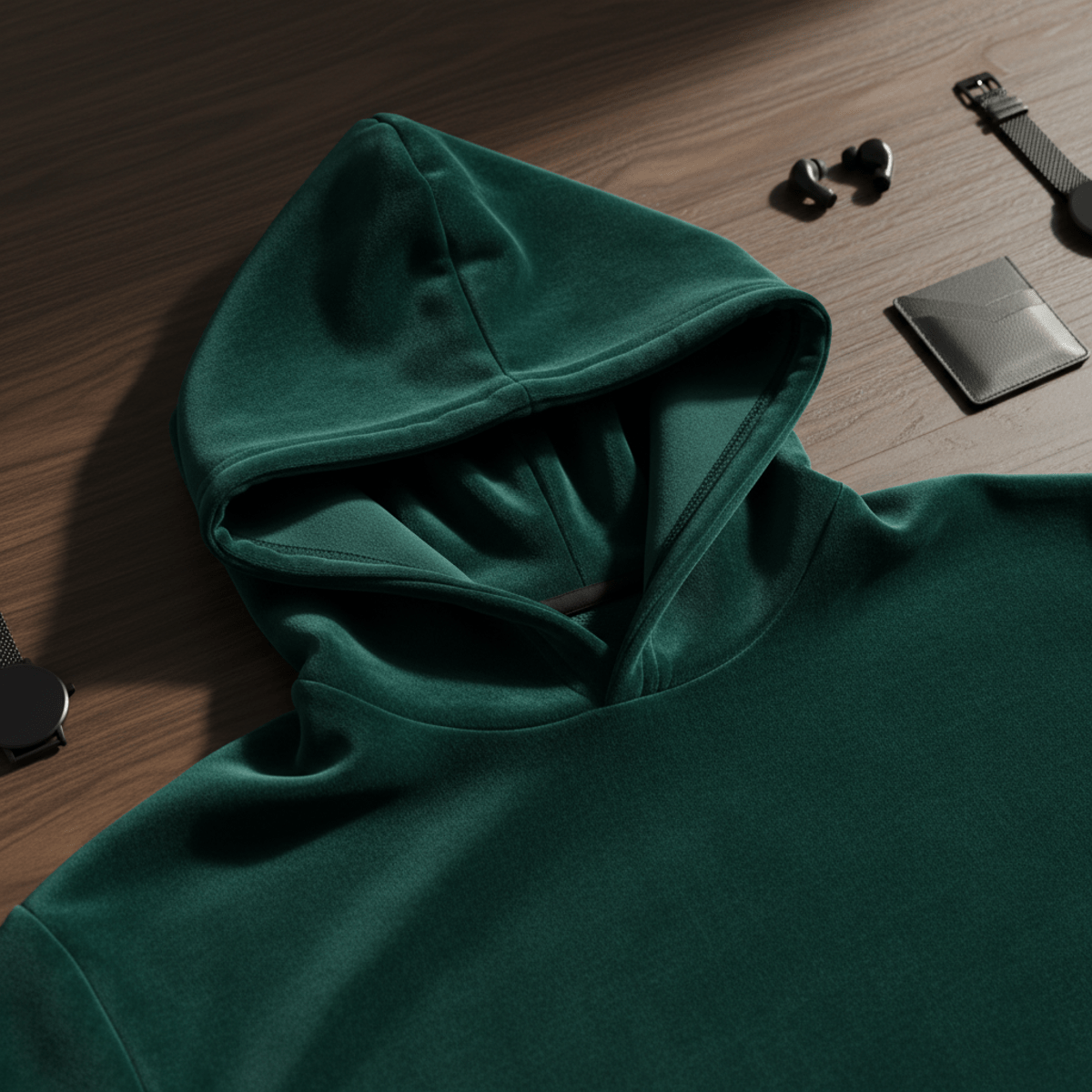 Close-up of an emerald velour hoodie with rich green fabric and soft shadows.