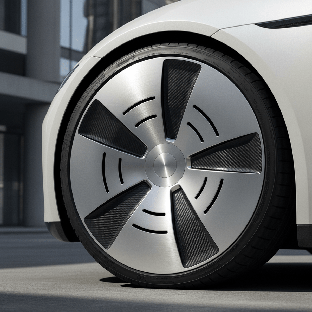 Close-up macro of sleek EV aero-disc wheels with carbon fiber inlays and satin metallic finish.