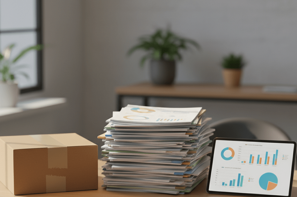 Procurement desk highlighting gender equity in global supply chains Office desk with supplier documents and shipping box under warm light, symbolizing inclusive sourcing strategies