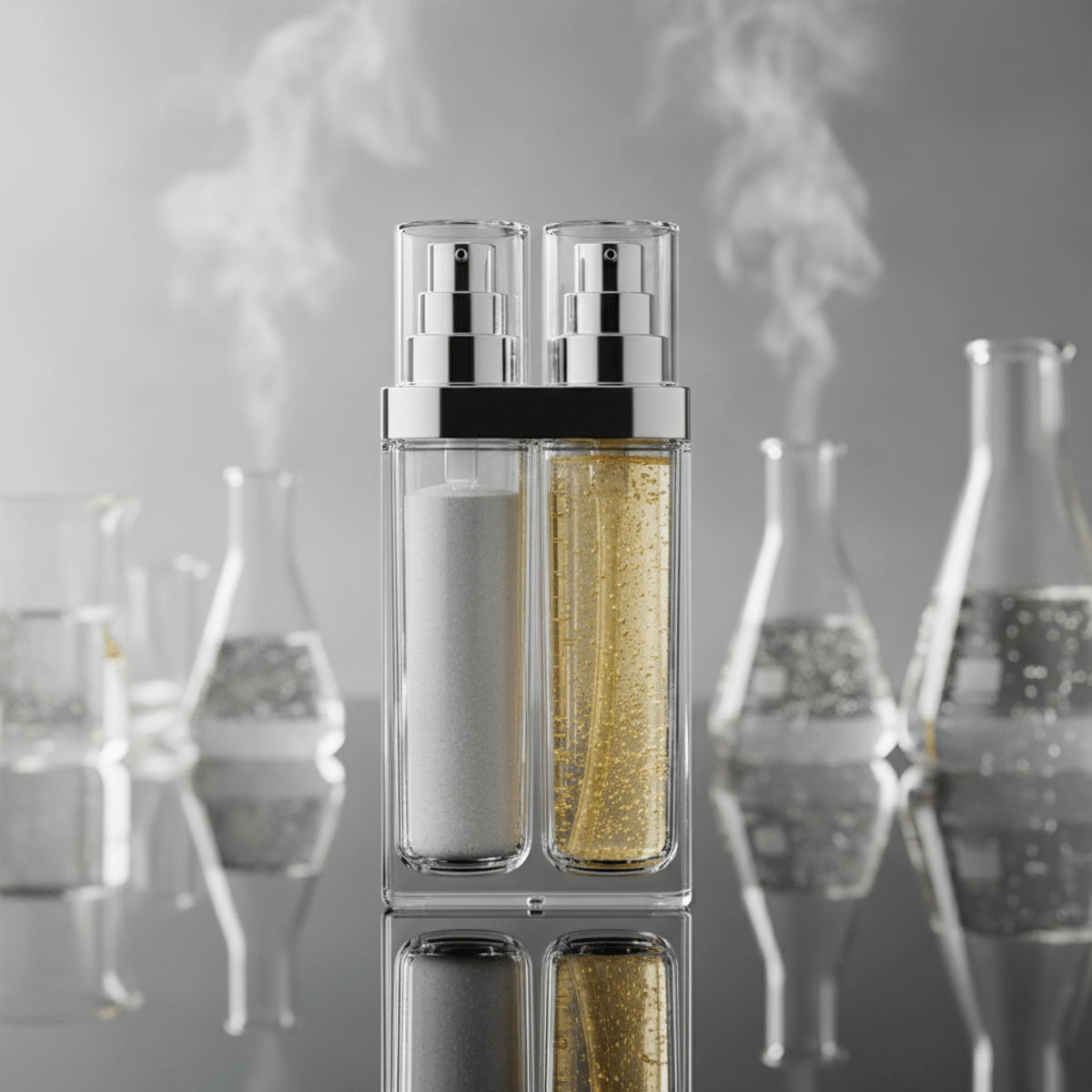 Futuristic dual-chamber cream system with white powder and golden serum on a lab counter.