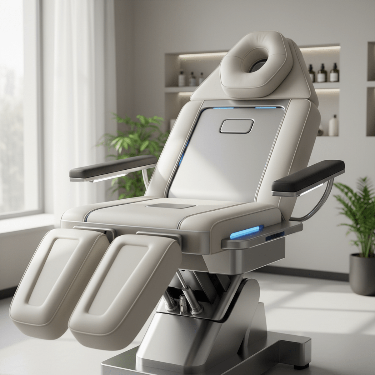 Sleek futuristic massage table with modular attachments in a modern wellness studio.