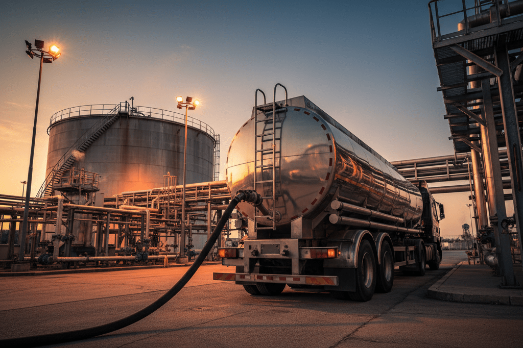 Wide shot of a fuel tanker connected to storage tanks amidst industrial equipment under warm natural lighting