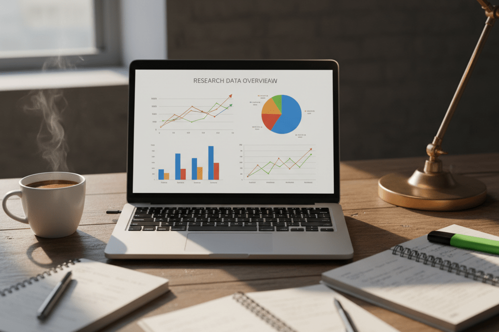 Close-up view of a laptop showing generic charts and graphs amidst office supplies under warm ambient lighting