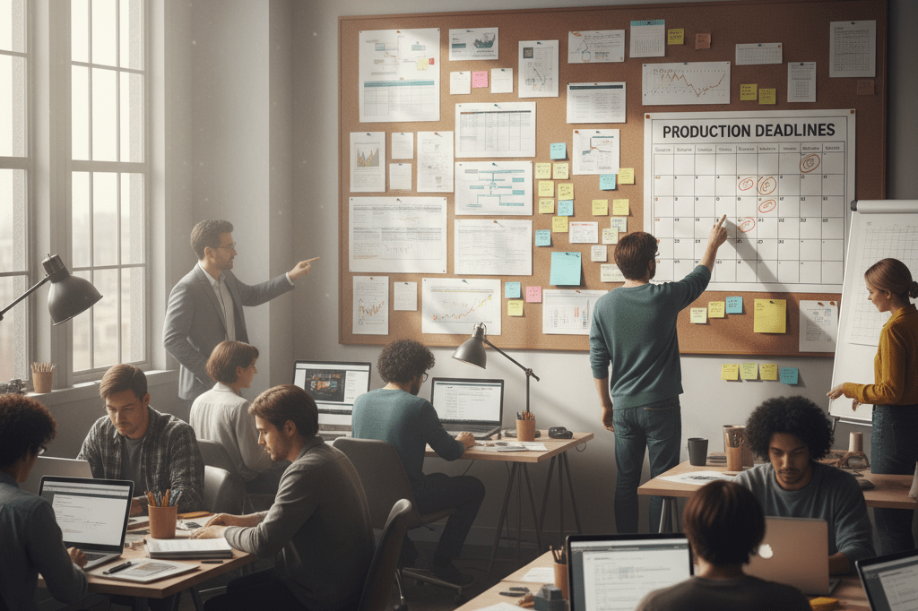 Wide shot of a production planning office featuring corkboards, calendars, and sticky notes under natural and ambient lighting