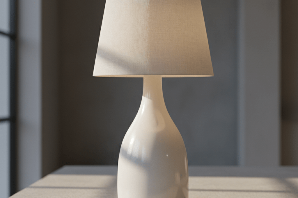 A white ceramic table lamp rotating smoothly on a light-gray concrete surface under natural and ambient LED light