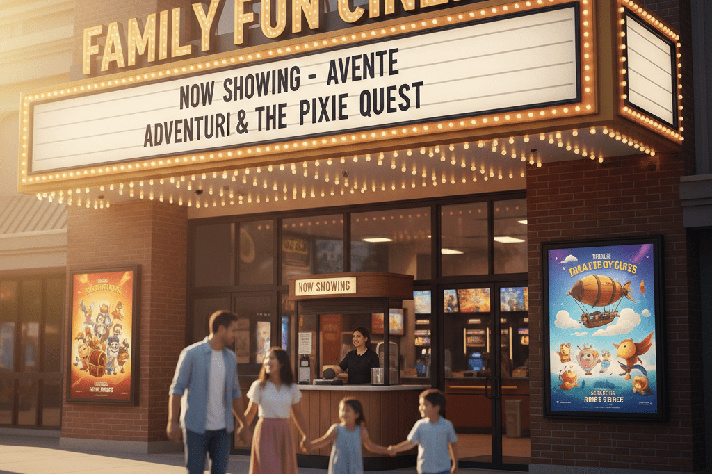 Cheerful family-friendly movie theater entrance showcasing animated film posters under natural light