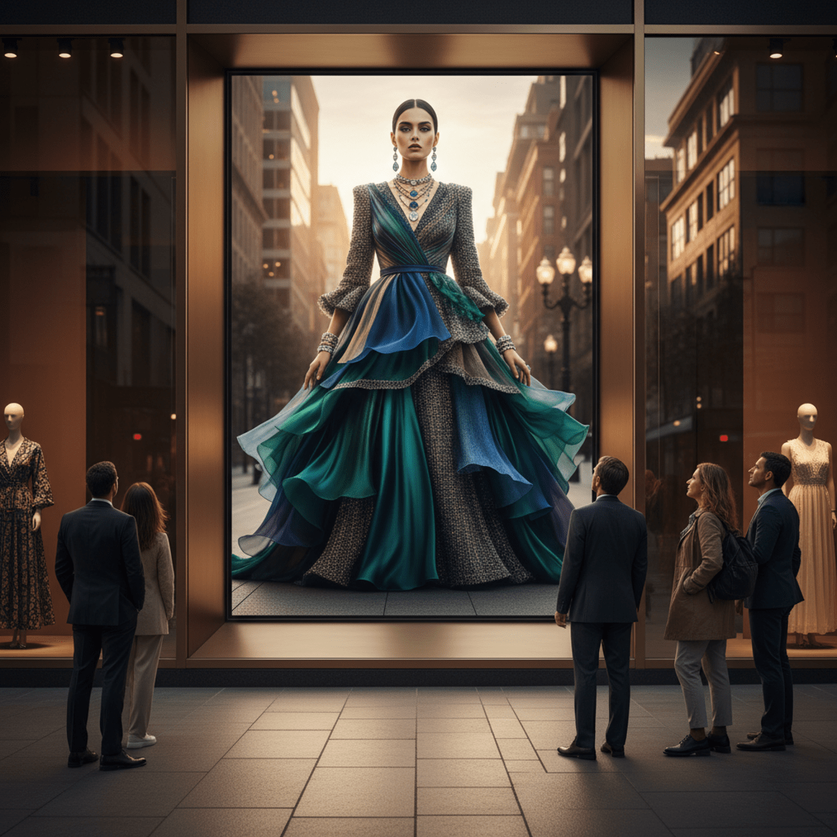 Upscale storefront with massive digital mannequin in couture outfit on vertical TV.
