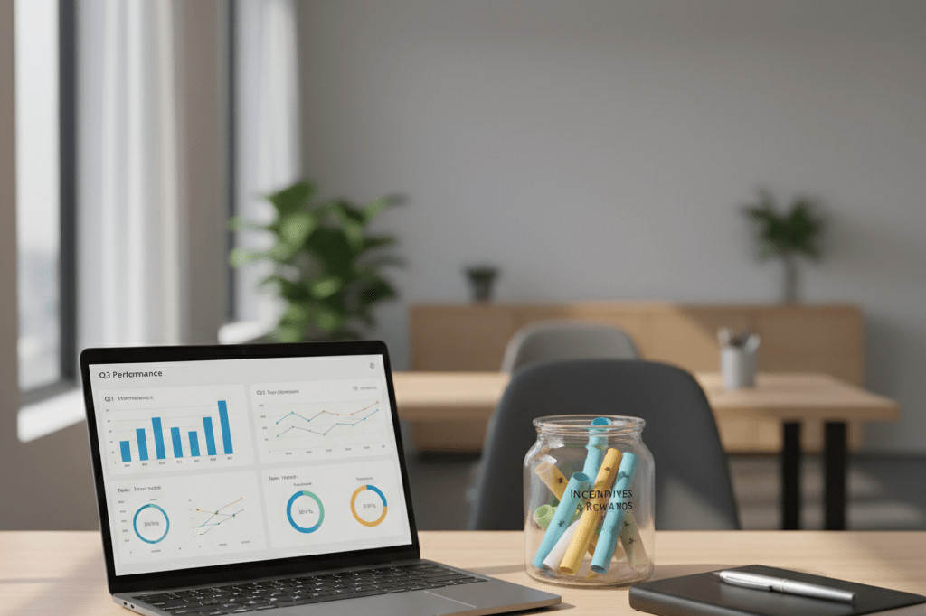 Desk with laptop, notebook, and incentive jar under warm lighting, representing sustainable business frameworks