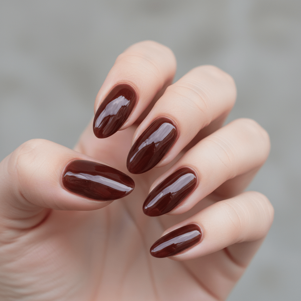 Elegant almond nails in glossy cherry cola shade, ultra-realistic liquid soda finish.