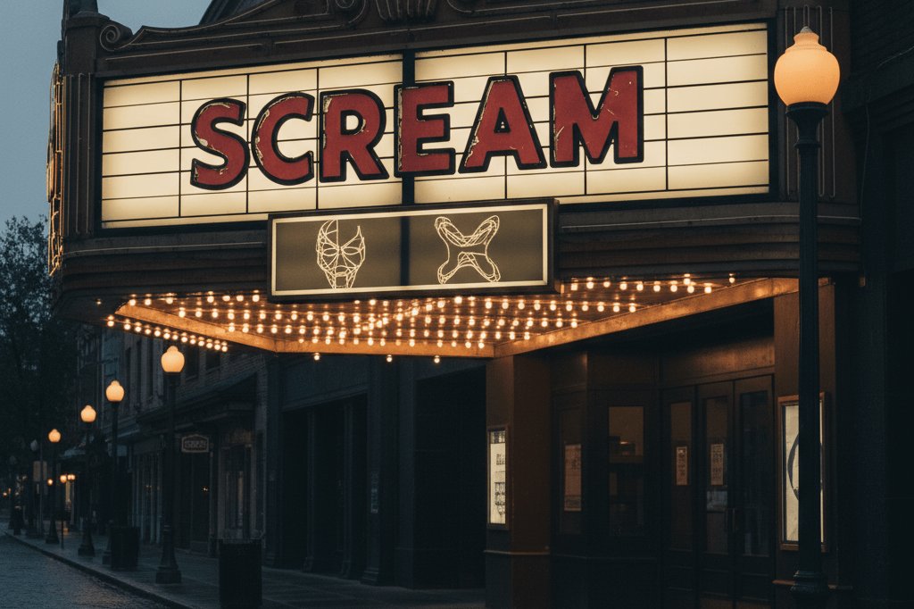 Vintage Scream-themed theater marquee at twilight with nostalgic yet evolving design elements Medium shot of a softly lit vintage movie theater marquee spelling 'SCREAM' with abstract symbolic accents, no people or recognizable characters visible