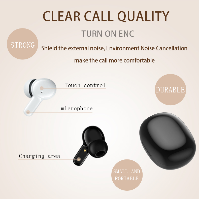 Smart ENC Wireless Earbuds With Microphone IPX5 Waterproof